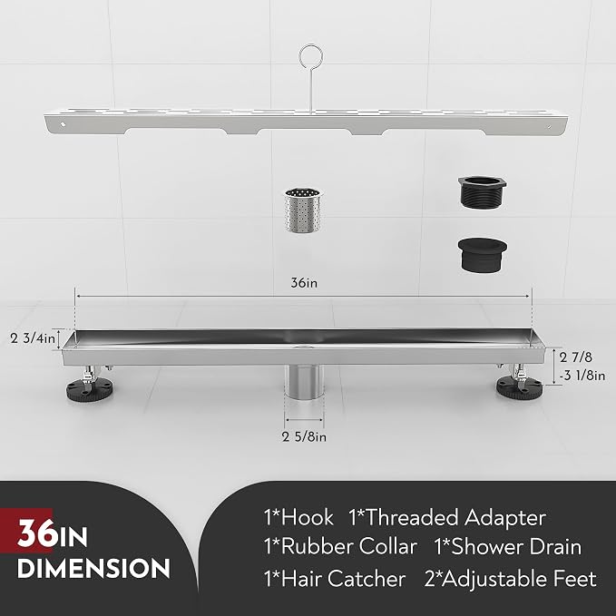 WEBANG 36 Inch Linear Shower Drain Rectangular Floor Drain with Accessories Rainline Pattern Cover Grate Removable SUS304 Stainless Steel CUPC Certified Brushed