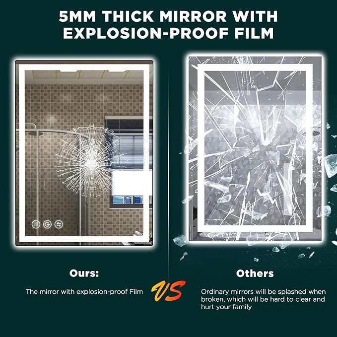 Memobarco 32" x 24" LED Bathroom Mirror with Lights, Memory Vanity Mirror | Anti-Fog, 3 Color Modes, Dimmable, Front Lit, Memory Function, Tempered Glass, Lighted Bathroom Mirror for Wall