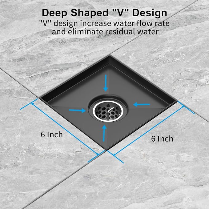 6 Inch Square Shower Drain, EMBATHER 304 Stainless Shower Floor Drain and Shower Drain Cover Included Hair Catcher and Leveling Feet, Black