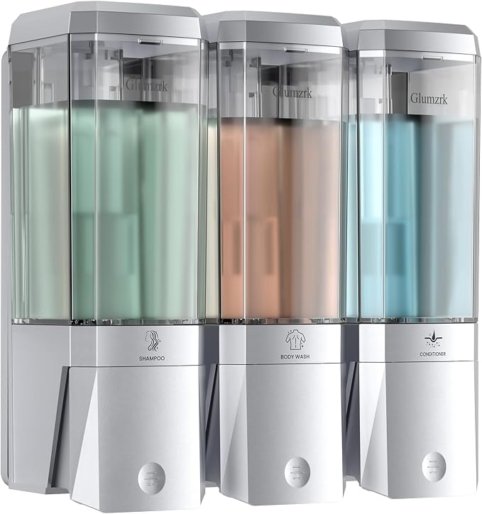 Shampoo and Conditioner Dispenser 3 Chamber No Drill Shower Soap Dispenser Wall Mounted Shampoo Conditioner Body Wash Dispenser 3 * 500ml Refillable Shower Dispenser for Bathroom Hotel, Silver