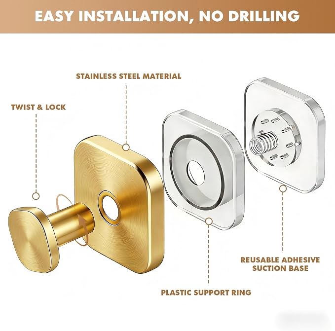 Suction Cup Hooks for Shower, Stainless Steel Bathroom Suction Hooks No Drilling, Brushed Gold Heavy Duty Shower Hooks for Towel Robe Loofah, Glass Door Tile Mirror, 4 Pack Golden