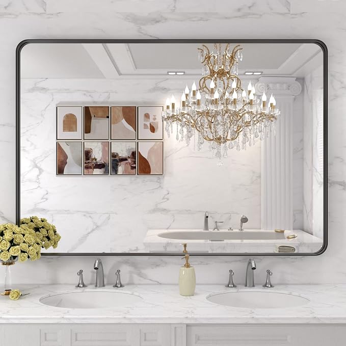 LOAAO 48X30 Inch Black Metal Framed Bathroom Mirror for Wall, Matte Black Bathroom Vanity Mirror Farmhouse, Large Rounded Rectangle Mirror, Anti-Rust, Tempered Glass, Hangs Horizontally or Vertically | Matte Black, Rounded Rectangle, Anti-Rust, Tempere...