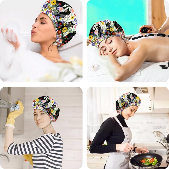 2 PCS Shower Cap Reusable Waterproof Double Layers Hair Caps Shower Bath Adjustable Elastic Hat for Women Girls Cute Aesthetic-Grass Black Cat