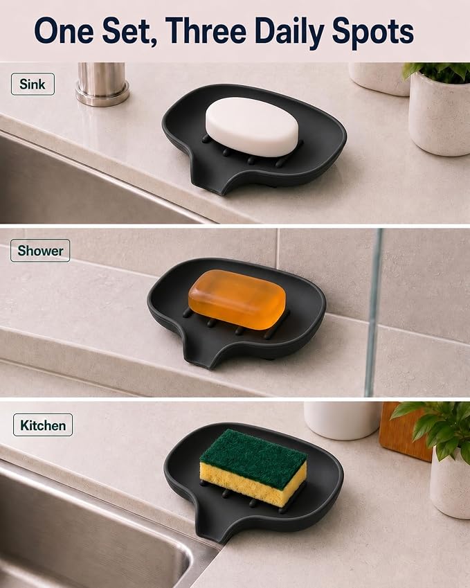 AIMAIAIMAI 3 Pack Soap Dish, Soap Dishes for Bathroom, Shower, Silicone Soap Bar Holder, Soap Tray for Kitchen, BPA-Free, Dishwasher Safe (Black)