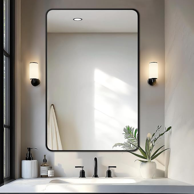 Delma Bathroom Vanity Mirror, Black Framed Mirror for Over Sink, 40x28 | HD glass, distortion-free for makeup and grooming, Sturdy frame, all mounting hardware, hangs horizontal or vertical