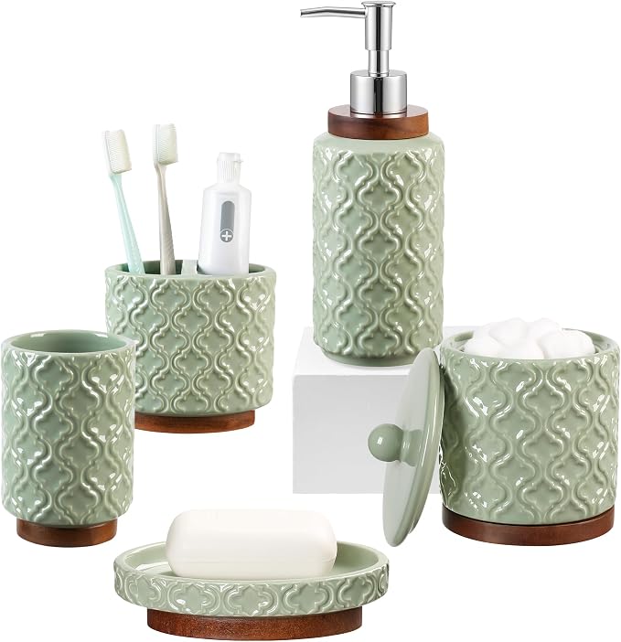 RQYIXI Ceramic 5-Piece Bathroom Accessories Set,Green,with Cotton Swab Jar | ceramic and wood embossed design modern countertop organization