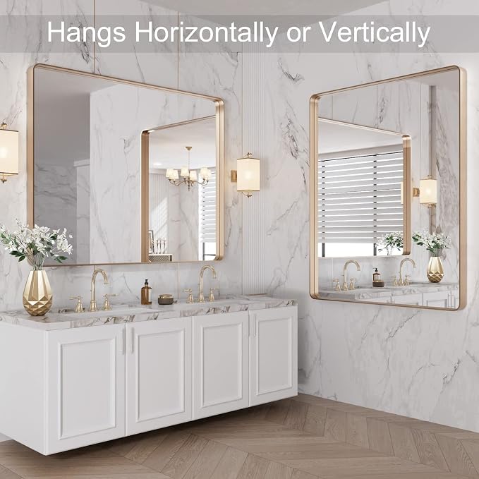 LOAAO 40”X36” Gold Bathroom Mirror, Rounded Rectangle Gold Frame Mirror, Brushed Gold Bathroom Vanity Mirror Wall-Mounted, Anti-Rust, Tempered Glass, Hangs Horizontally or Vertically | Rounded Rectangle, Brushed Gold Frame, Wall-Mounted, Anti-Rust, Tem...