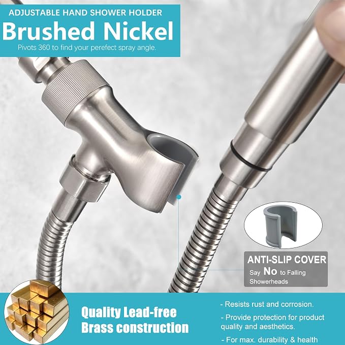 Brushed Nickel Metal Shower Head Holder - Adjustable Mount for Connecting Shower Arm and Hose, Wand Bracket with Swivel Ball Connector
