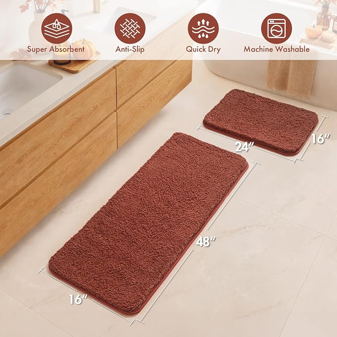 MIULEE Fall Rust Bathroom Rugs Set 2 Piece Soft Bath Mats 16x24+16x48 Inch | Soft Absorbent Microfiber Bath Rugs, Non Slip, Quick Dry, Fluffy Bath Rugs for Bathroom Floor Tub Showers, Machine Washable