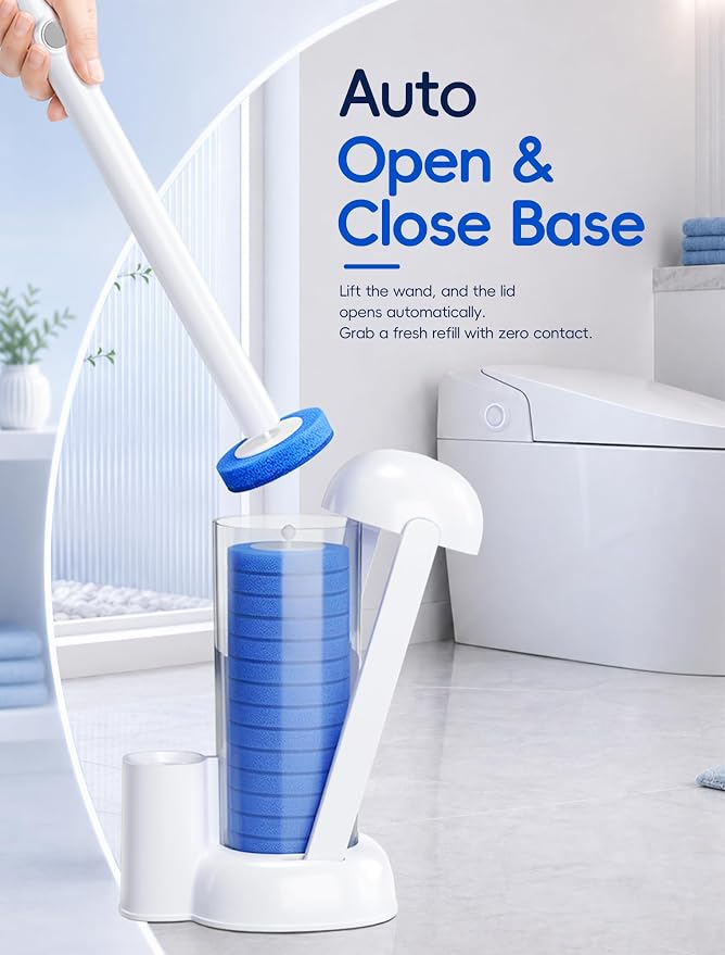 Disposable Toilet Brush System, Toilet Bowl Cleaning Wand with Lift-to-Open Refill Case, Blue Refill Heads and Freestanding Holder, 1 Wand and Holder Set with 63 Blue Refills