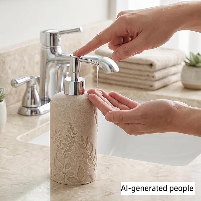 Bathroom Accessories Set, 4 PCS, Sandstone Look Leaf Beach Style | Modern,Minimalist,With Soap Dispenser 13.19 OZ, Toothbrush Holder, Tumbler, Soap Dish, Bathroom Countertop Organizer