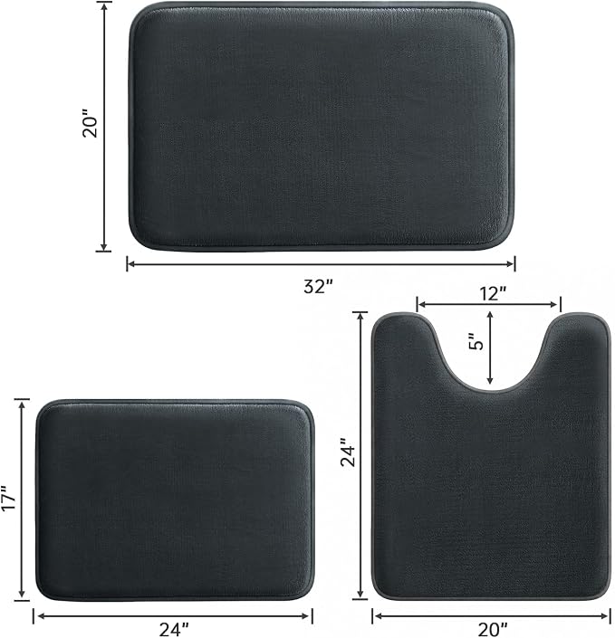 HUXMEYSON 3-Piece Memory Foam Bathroom Rug Set, Dark Grey | Quick Dry Velvet Surface, Non-Slip & PVC Backing, Ultra Soft Bath Rugs for Bathroom, 17"x24"+20"x32"+U Shape 20"x24"