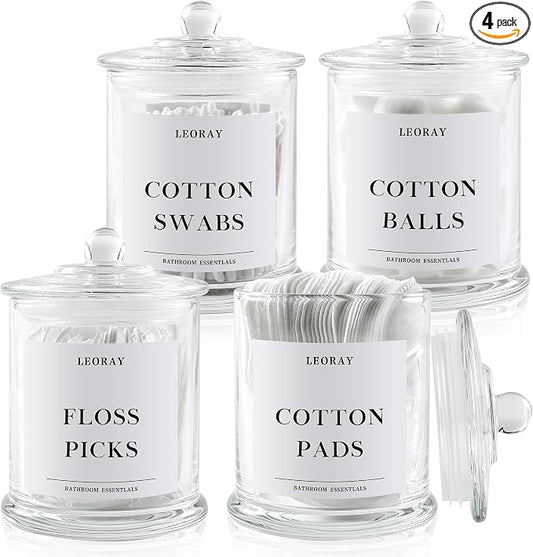 LEORAY 4 Pack Glass Qtip Holder Dispenser with Lids, Airtight Waterproof Apothecary Jars, 16 Oz Vanity Organizer Bathroom Canisters for Cotton Swabs, Balls, Pads, Floss Picks, Transparent