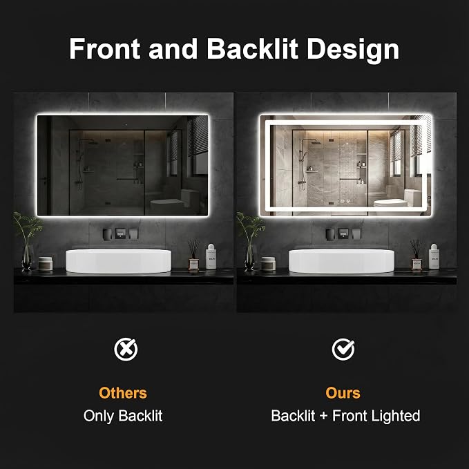 LED Bathroom Mirror with Lights, 30 x 55 Lighted Vanity Wall Mirror | Backlit and Frontlit, Anti-Fog, Dimmable 3 Colors, Shatter-Proof Tempered Glass, Memory Function, Plug-in/Hardwired