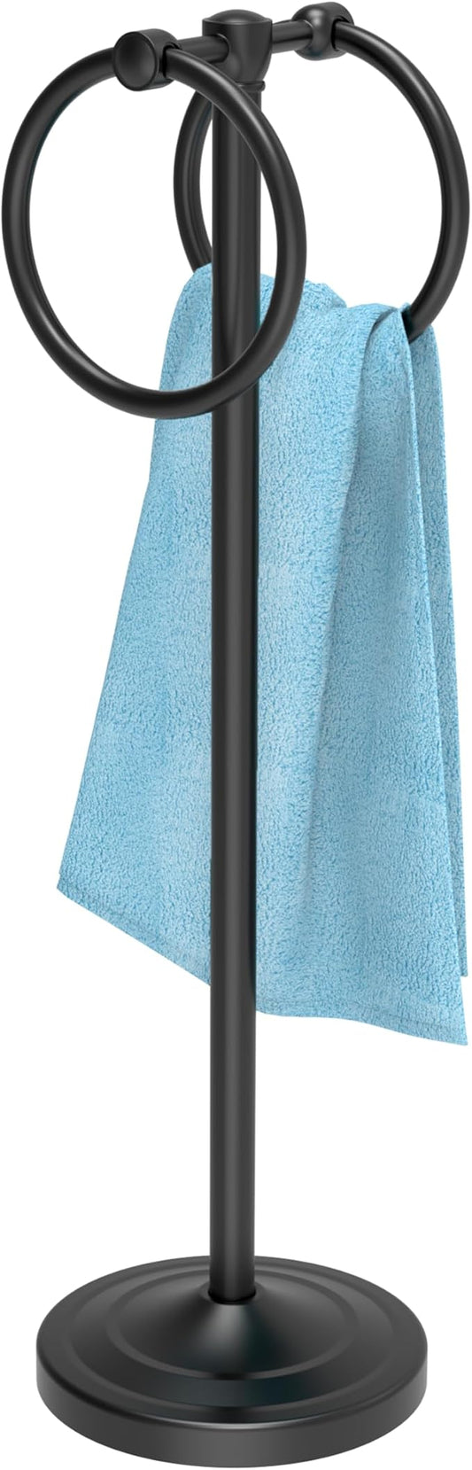 18" Hand Towel Holder Stand, Stainless Steel Free Standing Towel Rack Bar,Double Ring Towel Hanger with Weighted Base, Towel Hardware for Bathroom Vanity Kitchen Countertops(Matte Black)
