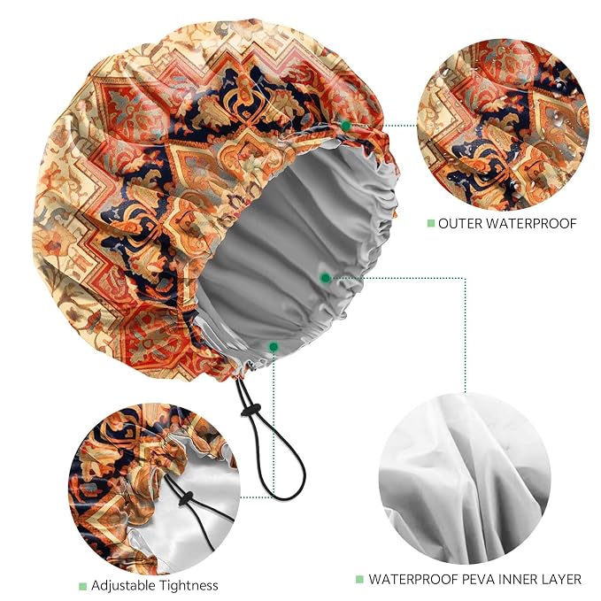 2 PCS Shower Cap Waterproof Double Layer Elastic Adjustable Reusable Hair Bath Caps for Girls Women Cute Aesthetic-Red