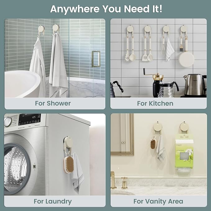 Strong Suction Cup Hooks for Shower, Bathroom, Kitchen, Heavy Duty Hangers for Door Wreaths, Robe, loofah, Towel, Utensils, Removable Wall Hooks for Tile, Glass, Mirror (4 Pack-Cream)