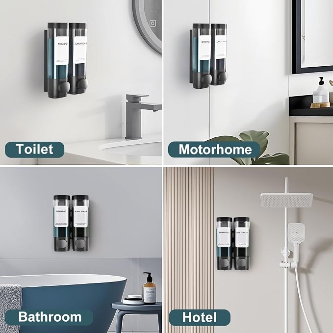Shampoo Conditioner Shower Soap Dispenser 2 Chamber Wall Mount Black | Refillable. Leakproof 600ml. No-Drill Wall Mount. Soap, Shampoo, Conditioner, Body Wash, Shower Gel, Bathroom Set. BPA-Free.