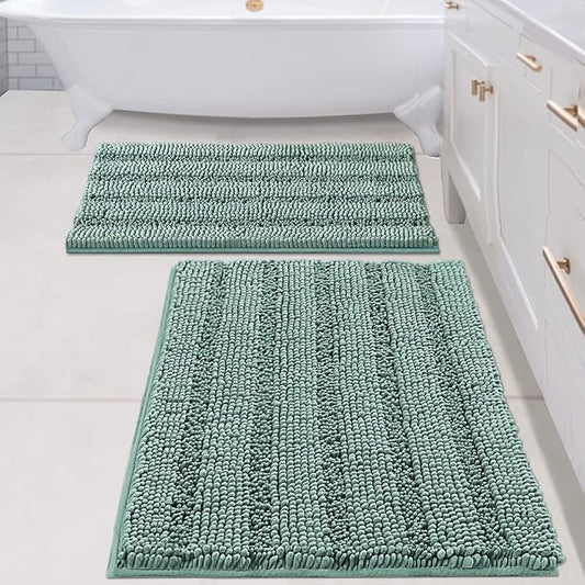 H.VERSAILTEX 2 Piece Bathroom Set - Super Absorbent Chenille Striped Bath Mats - Non Skid, Machine Washable - Eggshell Blue, 24 x 36 Plus 20 x 32 Inches