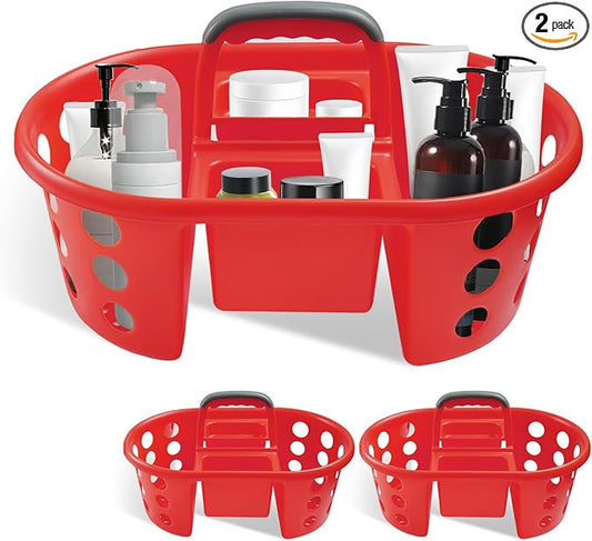 SIMPLYKLEEN Large Shower Caddy Portable 2PC - Made in USA Plastic Jumbo Size Dorm Storage Candy Tote with Handle Shower Organizer for Bathroom, Pantry, Kitchen, College Dorm, Red