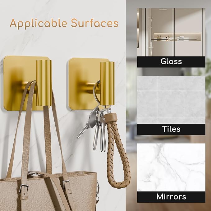 Aikzik 4 Pack Large Heavy Duty Wall Hooks - 26lb Max, Stainless Steel Adhesive Towel Hook, Shower Hooks for Hanging Towel, Coat, Robe, Wall Hook for Use in Bathroom, Kitchen and Door, Gold