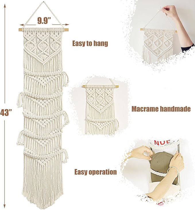 jontell Cap Holder-3 Pack-Hat Organizer for 30 Baseball Caps, Macrame Hat Rack for Wall, Cap Rack for Decoration and Display, Boho Handmade Cap Hanger Over Door Organizer