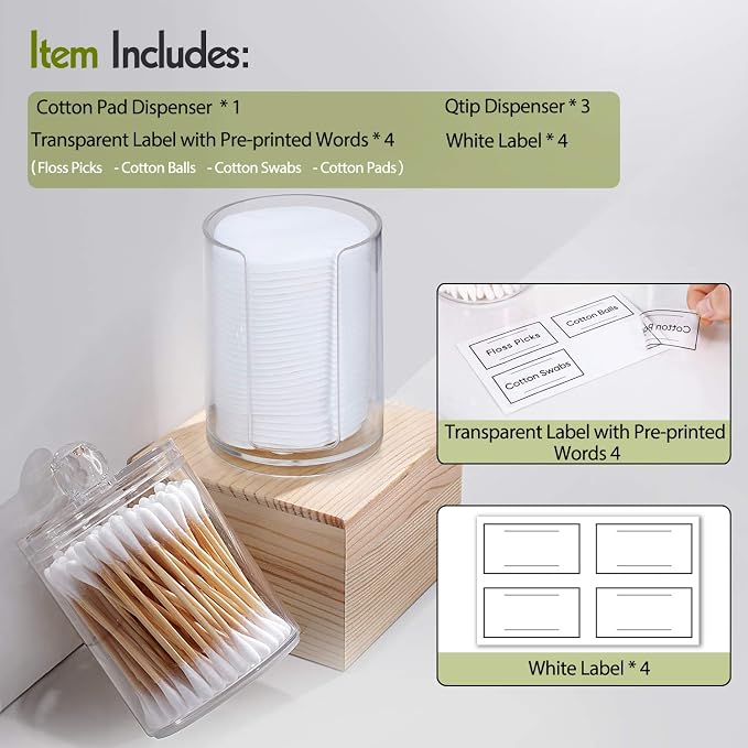 4 Pcs Acrylic Qtip Holder Dispenser for Cotton Swabs, Balls, Floss Picks | Thick, Highly Clear, w/ Labels - Small Canister Apothecary Jar Set, Bathroom Decor Essentials, Shelf Vanity Storage Organizer