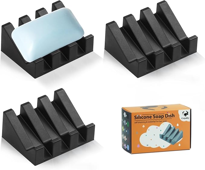 Self Draining Soap Dish Holder,Silicone Soap Dish,for Bathroom,Kitchen, Sponges，Can Extend Soap Life，Keep Soap Bars Dry and Easy Cleaning (N-Black,3-Pack)