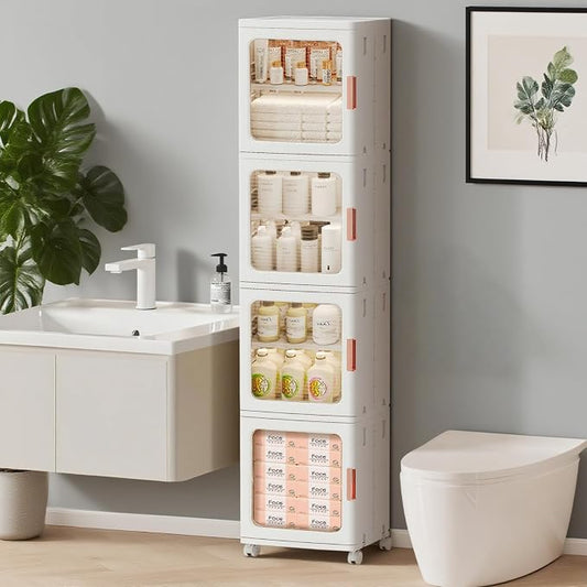 4-Tier Narrow Storage Cabinet Foldable Plastic Bathroom Organizers with Magnetic Doors & Adjustable Shelves, Slim Storage for Small Spaces Pantry Kitchen Laundry Room Quick Assembly, White