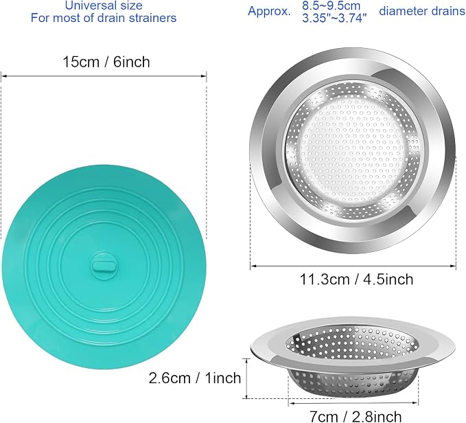 V-TOP Kitchen Drain Strainer Stopper 4 Pack, Universal 6 Inch Silicone Plug Anti-Clogging Stopper Cover, 4.5 Inch Stainless Steel Basket Strainer Food and Hair Catcher