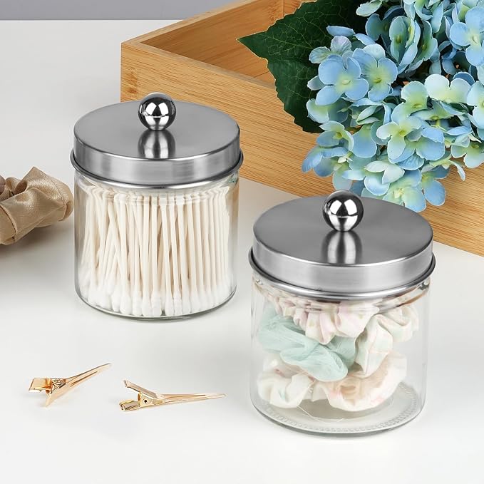 SheeChung Glass Mason Jar Qtip Holder Dispenser, Brushed Nickel Lids,2 Pack | Clear Apothecary Jar,Stainless Steel Lids,Small Bathroom Jars Canisters,Vanity Storage Organizer for Cotton Swabs,Balls,Floss