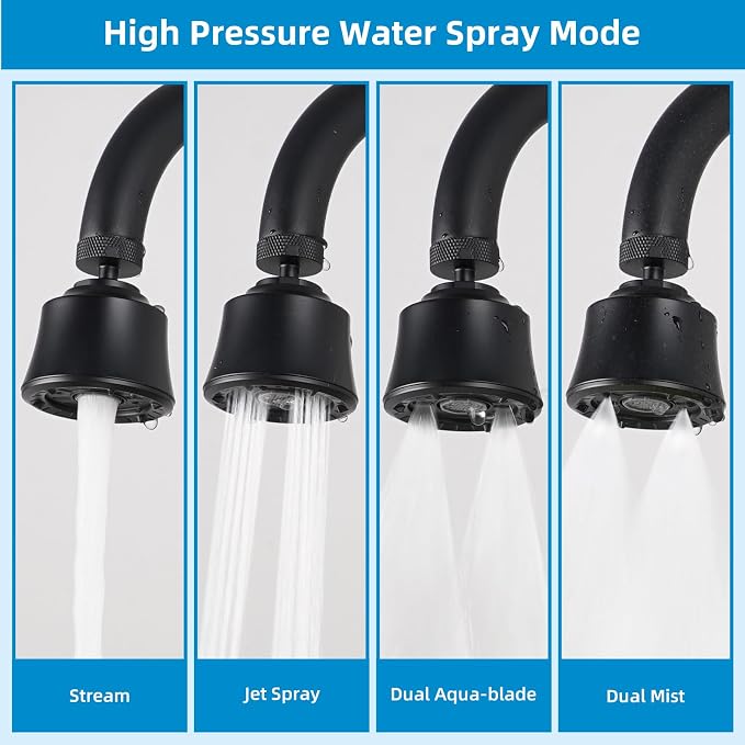 Hygie Rinse Kitchen Sink Faucet Head Replacement, 4 Spray Faucet Sprayer Attachment with Big Angle Swivel, 55/64-27UNS Famale Thread, Male Thread Adapter Included, Matteblack