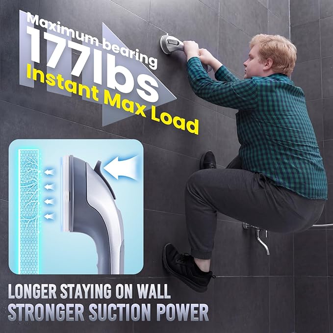 TAILI Shower Grab Bar 16 Inch Suction Cup Grab Bars for Bathroom, Removable Shower Safety Handle Heavy Duty Bathtub Grip for Seniors & Elderly, Strong Handrails No Drilling Waterproof, Silver,G9