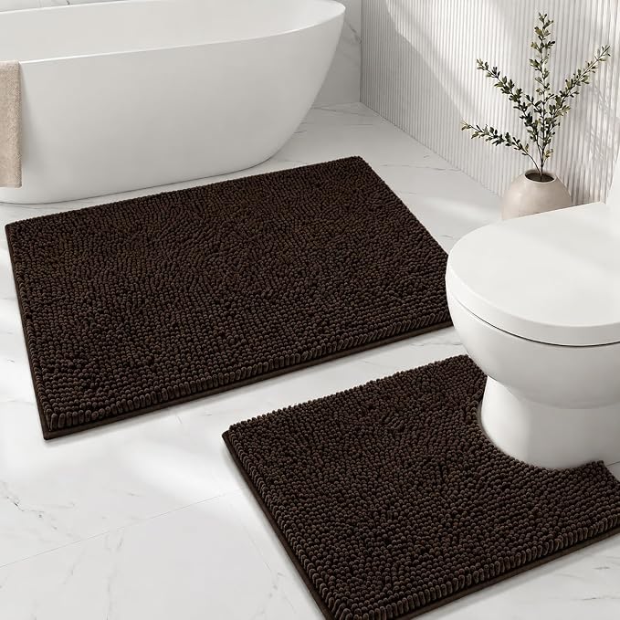 Bathroom Rugs Sets 2 Piece,Super Absorbent Soft,Thick,Machine Washable Chenille Bath Mat,Non Slip Toilet Floor Rug,Bath Mats for Bathroom,20x32 Plus 20x20 U Shape,Coffee