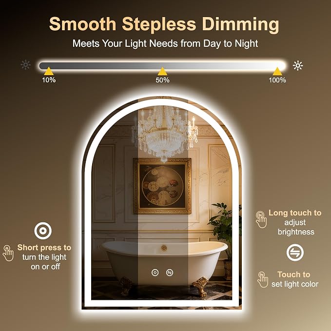 Arched LED Lighted Bathroom Mirror with Lights 24"x32"Smart Anti-Fog | Dimmable 3 Color Modes, Backlit and Front Lit, Memory Function, HD Tempered Glass, Touch Sensor