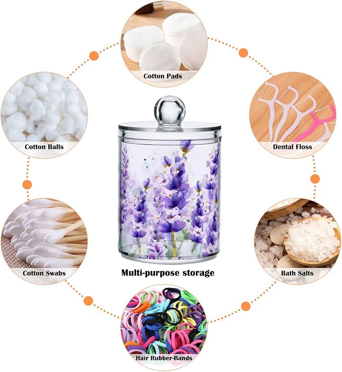 4 Pack Qtip Holder Dispenser Purple Lavender Cotton Ball Cotton Swab Round Pads Floss Clear Bathroom Storage Containers Plastic Apothecary Jars with Lids