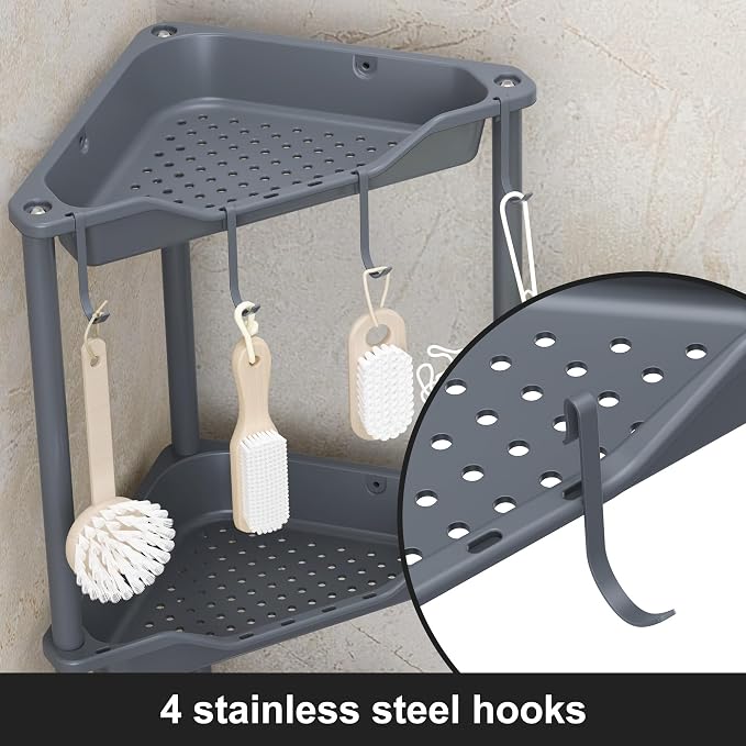 Orimade Rustproof 4 Tier Floor Standing Corner Shower Caddy Organizer, Plastic Metal Splicing Floor Corner Shelf Rack Storage Stands for Bathroom,10.8 x 10.8 x 44.6 inches, Grey
