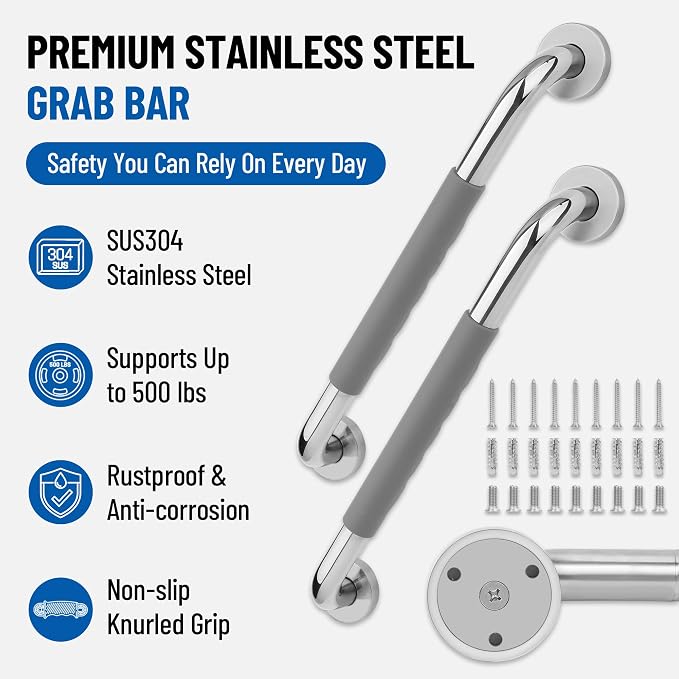 MrHAND Shower Grab Bars for Seniors,16 Inch 2 Pack,Anti-Slip Silicone Grip | SUS 304 Stainless Steel,Wall Mounted Shower Handles,ADA Compilant,Suitable for Seniors,Handicap,Pregnant & Kids