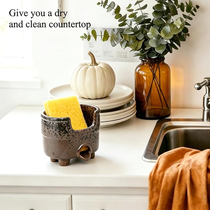 Ceramic Sponge Holder with Drainage, Vintage Sink Caddy | Self-Draining Organizer for Sponge, Soap & Brush, Handmade Kitchen Countertop Decor (Rust Reactive Glaze)