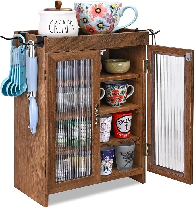 Ikee Design Wooden Countertop Storage Cabinet with Wavy Magnetic Door, Adjustable Shelves, Removable Hooks. Perfect for Perfume, Figurines, and Coffee Cups, Brown Color, 10.4 W x 6.1 D x 14.4 H in