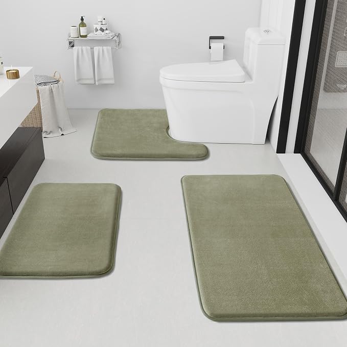 HUXMEYSON Bathroom Rugs Sets 3 Piece, Non-Slip & Quick Dry Bath Mat Set, Ultra Soft Velvet Bath Rugs for Bathroom, Toilet and Shower Floor, Olive Green