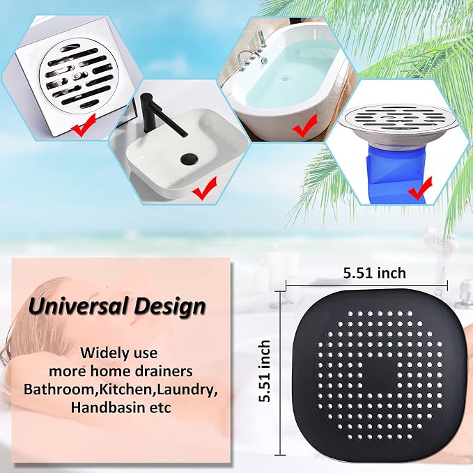 Hair Drain Catcher,Square Drain Cover for Shower Silicone Hair Stopper with Suction Cup,Easy to Install Suit for Bathroom,Bathtub,Kitchen 2 Pack (Sliver Grey Black) | Drainer Cover Silicone Hair Stopper with Suction Cups,Protector Accessories,Easy to I...