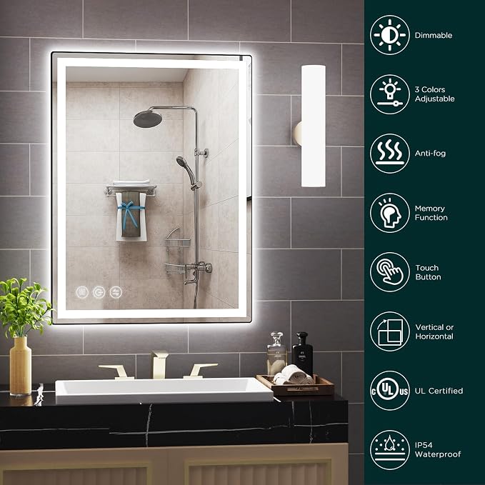 Memobarco 32" x 24" LED Bathroom Mirror with Lights, Memory Vanity Mirror | Anti-Fog, 3 Color Modes, Dimmable, Front Lit, Memory Function, Tempered Glass, Lighted Bathroom Mirror for Wall