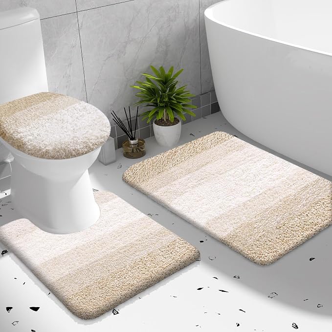 OLANLY Bathroom Rugs Sets 3 piece, Soft Microfiber Absorbent Bath Mat, U-Shaped Contour Toilet Mat and Toilet Lid Cover, Quick Dry, Machine Washable, Toilet Cover and Rug Set for Bathroom, Light Beige