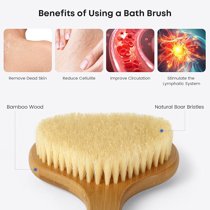 eaxun 17.3 Inches Bamboo Back Scrubber with Curved Long Handle for Shower | Exfoliating Shower Brush with Natural Boar Bristles for Men and Women, Anti-Slip Grip Back Washer for Bath or Dry Brushing