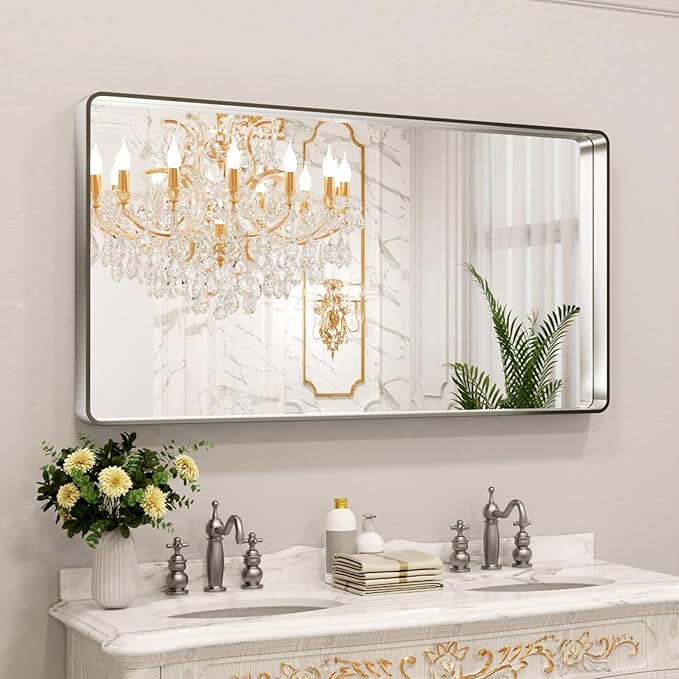 LOAAO 55X30 Inch Brushed Nickel Bathroom Mirror, Rounded Rectangle Silver Metal Frame Mirror, Brushed Nickel, Anti-Rust, Shatter Proof, Hangs Horizontally or Vertically | Rounded Rectangle, Silver Metal Frame, Anti-Rust, Tempered Glass, Hangs Horizonta...