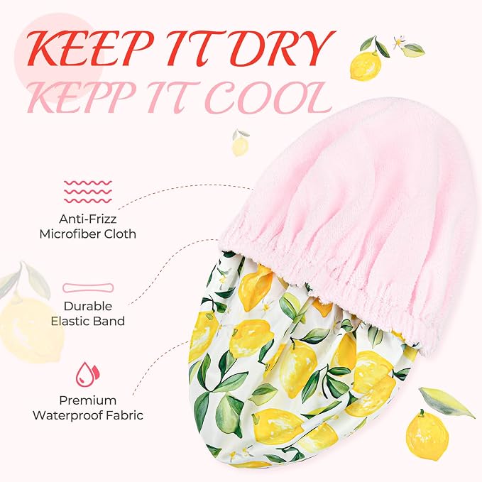 Shower Cap for Women Terry Lined Bath Cap Large Reusable Waterproof Elastic Lemon Shower Caps for Long Thick Hair Soft Bath Shower Hair Caps