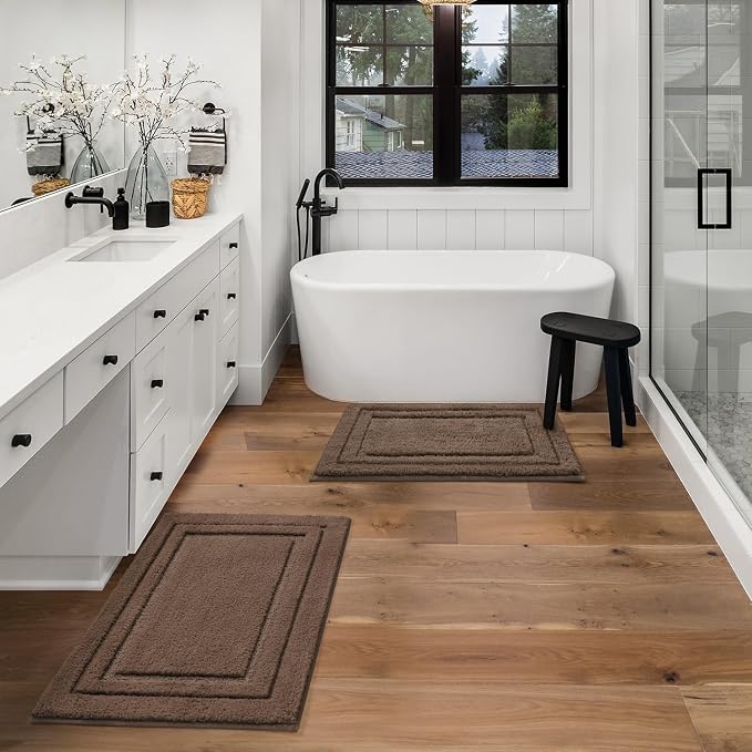 HOMEIDEAS Bathroom Rugs Sets 2 Piece, Super Soft and Absorbent Non Slip Microfiber Machine Washable Bath Mat Set (20" x 32" + 16" x 24", Brown) | Ultra Absorbent, Microfiber Machine Washable Bath Rug Set, for Bathroom, Tub, Shower 20" x 32" + 16" x 24"