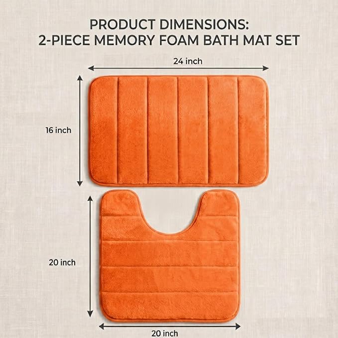Memory Foam Bathroom Rugs Sets 2 Piece - Super Soft Absorbent Quick Dry Memory Foam Bathroom Rugs, Machine Washable Non Slip Floor Carpet for Tub Shower & Single Sink 16x24 & 20x20,(Orange)