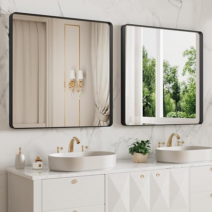 LOAAO 38x38 Inch Black Bathroom Mirror Metal Framed | Matte Black Bathroom Vanity Mirror, Rounded Rectangle, Anti-Rust, Tempered Glass, Hangs Horizontally or Vertically
